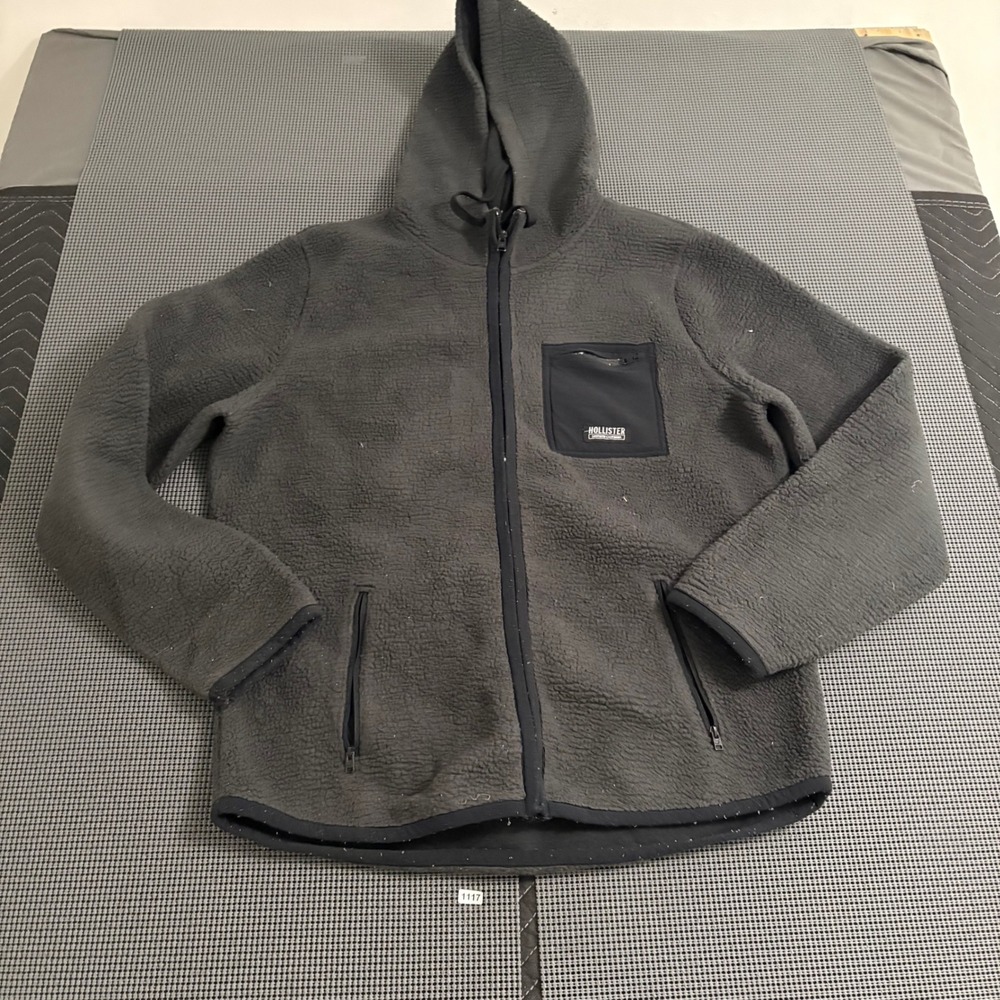 Hollister Mens XL Gray Sherpa Fleece Full Zip Hoodie Jacket Charcoal